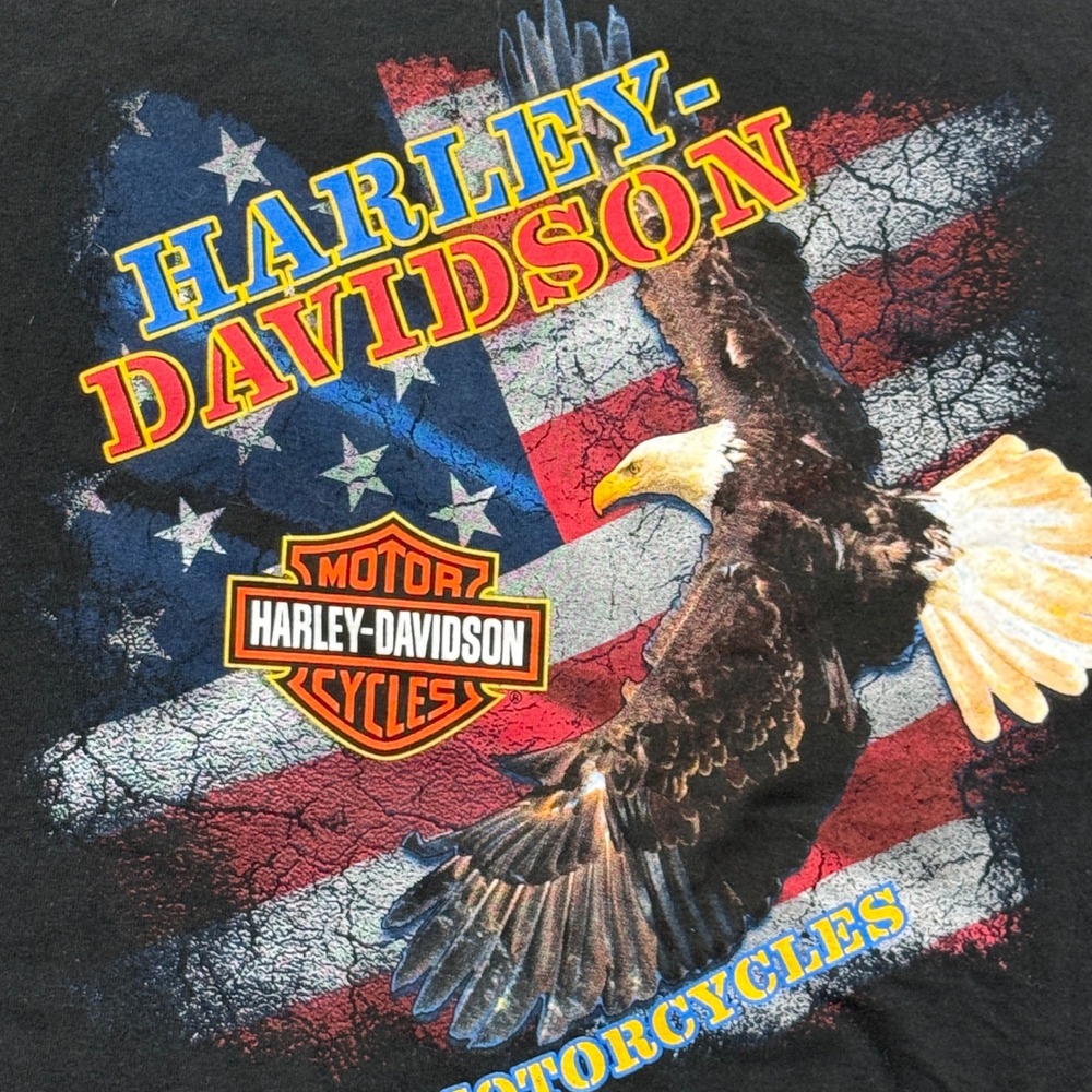 2012 Harley Davidson Eagle American Flag T Shirt Mens 2XL USA Lake Placid NY